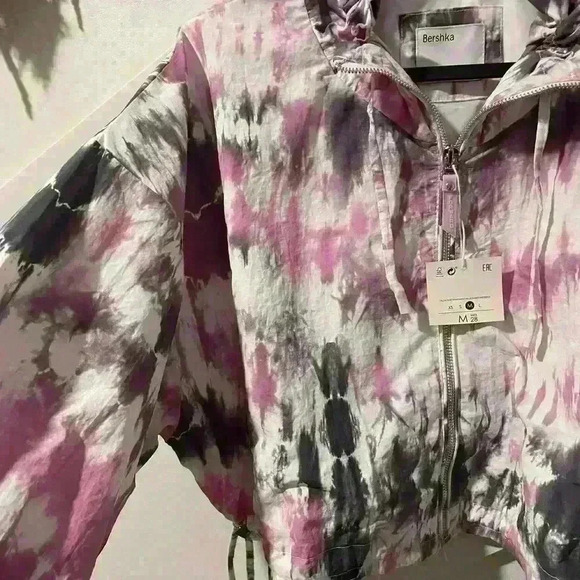 BERSHKA Tie Dye Cropped Zip Up Bomber  Jacket Size M puffed sleeves - Picture 9 of 10